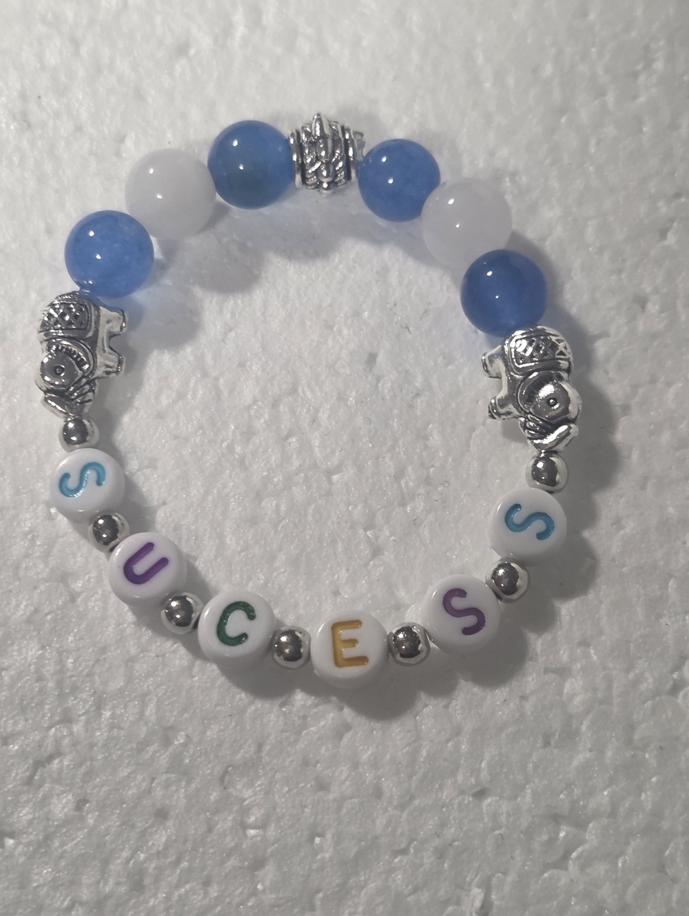 Handcrafted Beaded 'SUCCESS' Bracelet with Blue and White Gem Beads